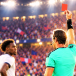 Illustration of a referee showing a red card to a player at the World Cup